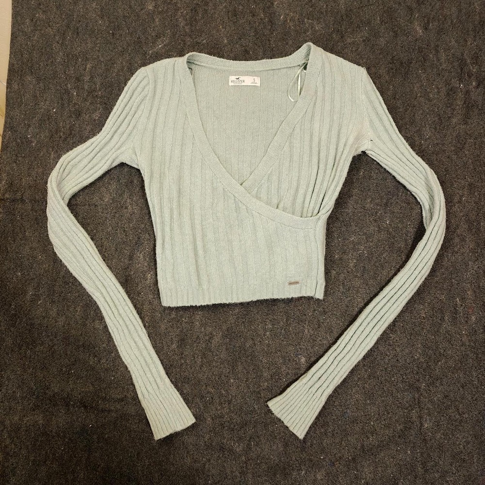 Hollister Womens Ribbed Wrap Front Long Sleeve Cropped Sweater Sage Green Small
